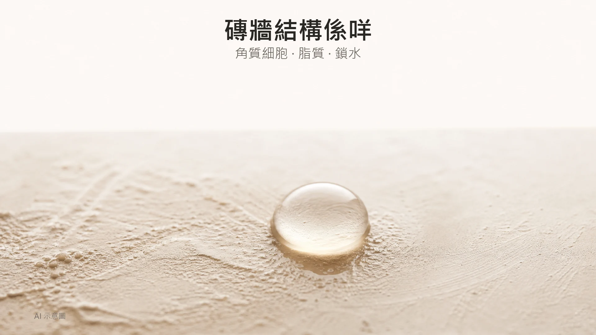 AI 示意圖：啞面象牙色灰泥表面上有一粒清澈水珠靜止不動，背景乾淨留白，柔散日光，象徵滲透與阻隔。