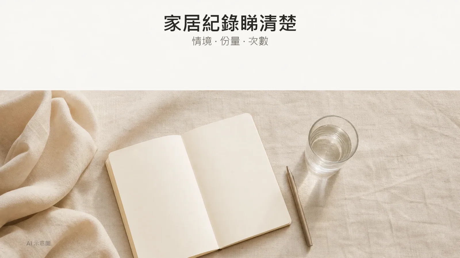AI 示意圖：暖米色亞麻布上俯拍一本完全空白嘅記事簿、一支筆同一個玻璃水杯，示範家居自我紀錄，無任何文字或數字。