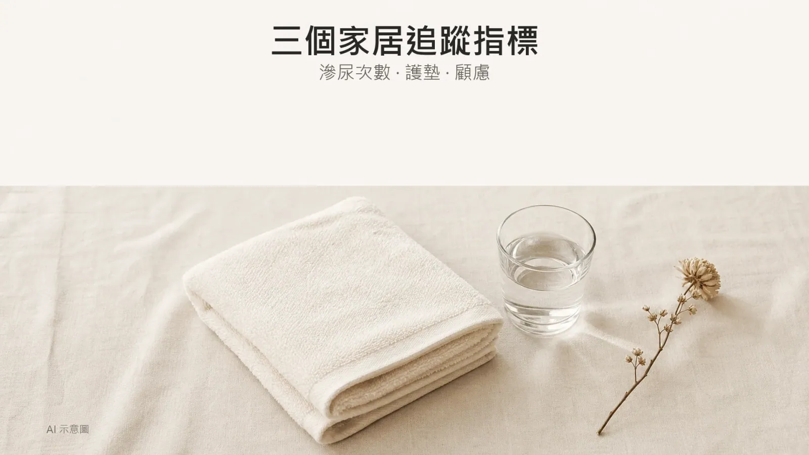 AI 示意圖：暖象牙色布面上一條摺好嘅棉毛巾、一個玻璃水杯同一支乾花，俯拍擺放，留白充足，柔散日光。