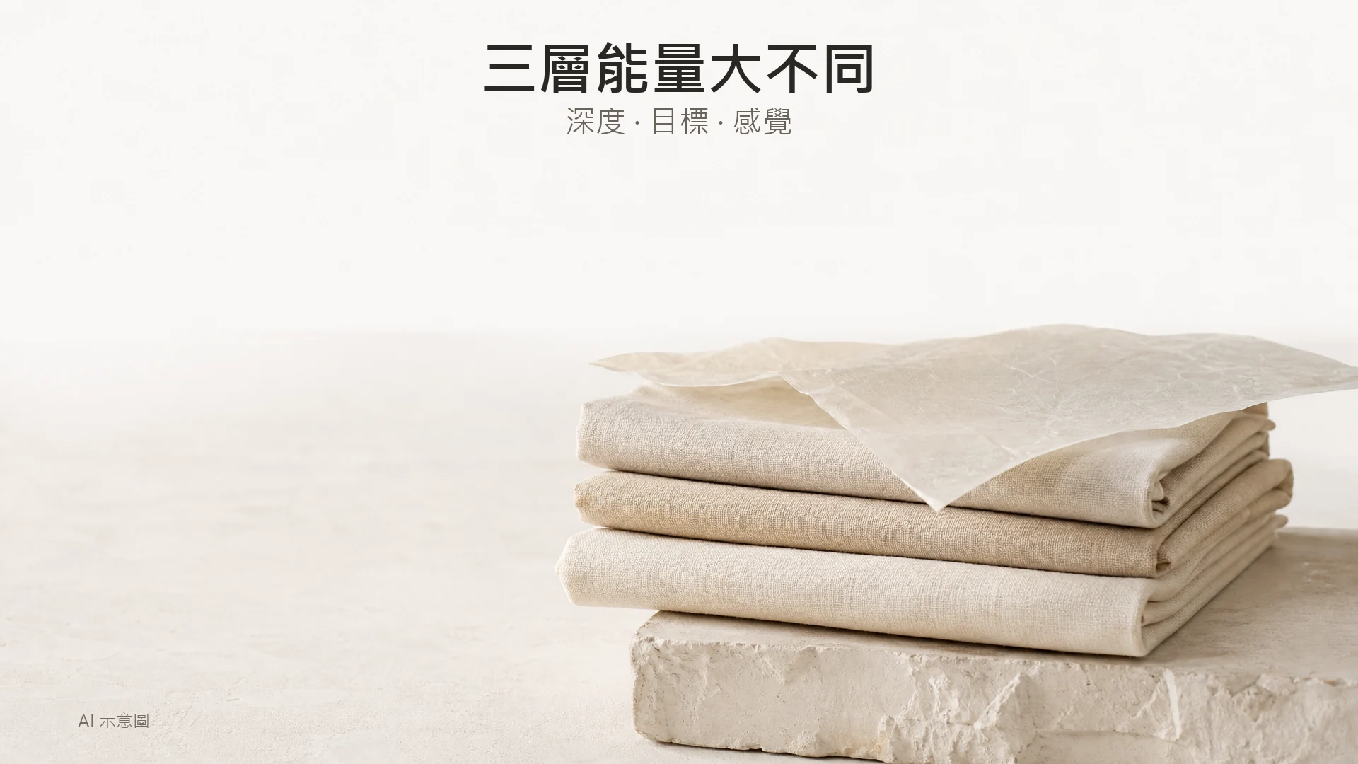 btl膠原槍係咩?BTL Exion、Thermage FLX、HIFU 分別、價錢同邊類人啱做(治療師拆解) - Peko Beauty 肌源解碼美學|Sylfirm X.BTL Exion.HIFU 專家|旺角朗豪坊 AI 示意圖:暖米白色布料層層疊放的質感特寫,示範不同深度的概念,上方留白。