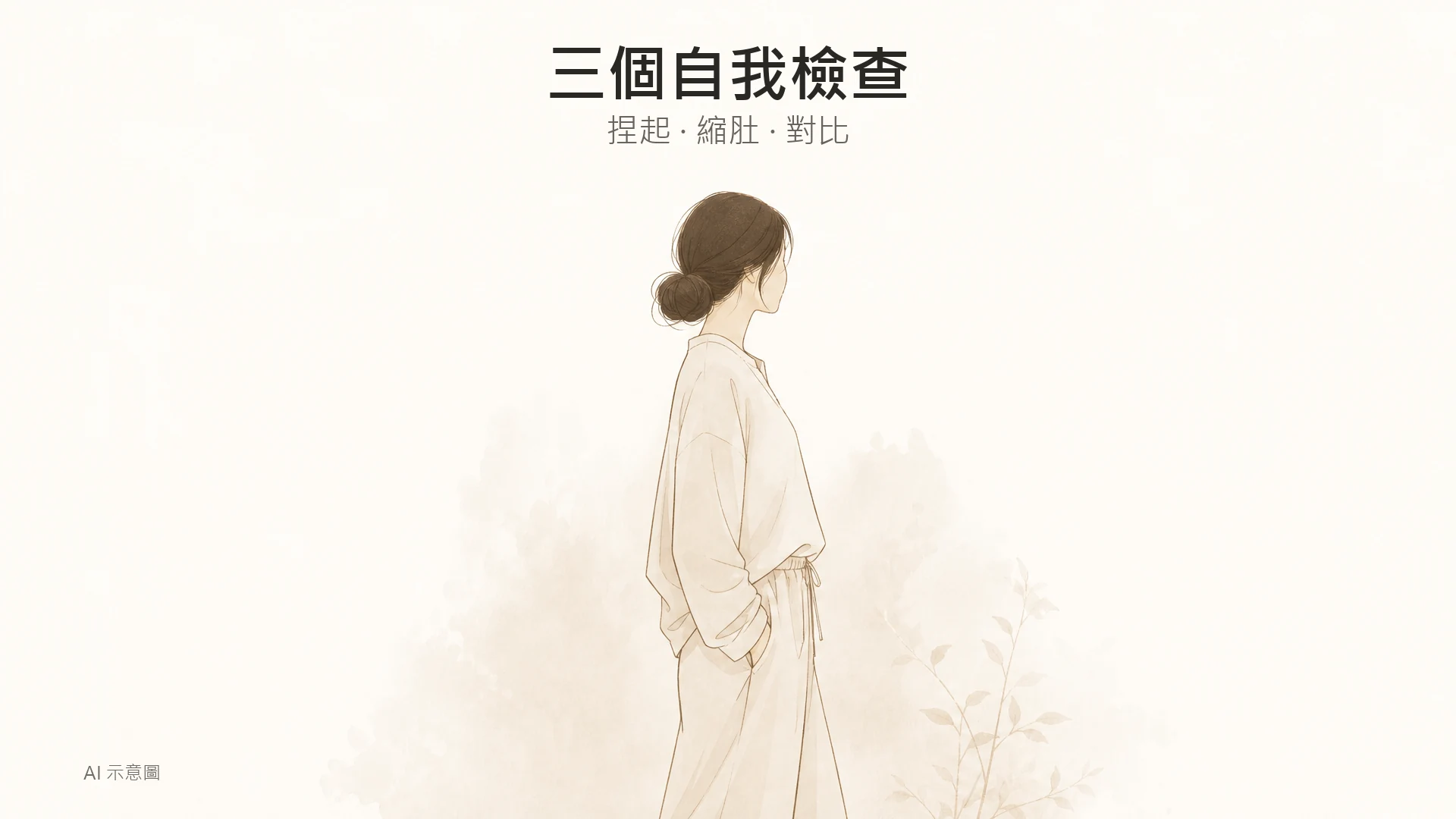 AI 示意圖:穿著鬆身居家服嘅成人身體輪廓線稿插畫,米白底色,上方留白。