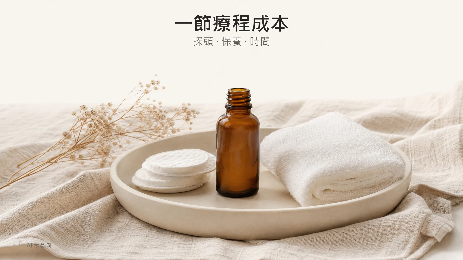 BTL Exion 價錢一覽:眼部試做 $380、眼面頸 $680,包咩、做幾耐同防伏 checklist - Peko Beauty 肌源解碼美學|Sylfirm X.BTL Exion.HIFU 專家|旺角朗豪坊 AI 示意圖:米白亞麻布上的一個小型托盤,放有無標籤小瓶、化妝棉與摺疊毛巾,上方留白。