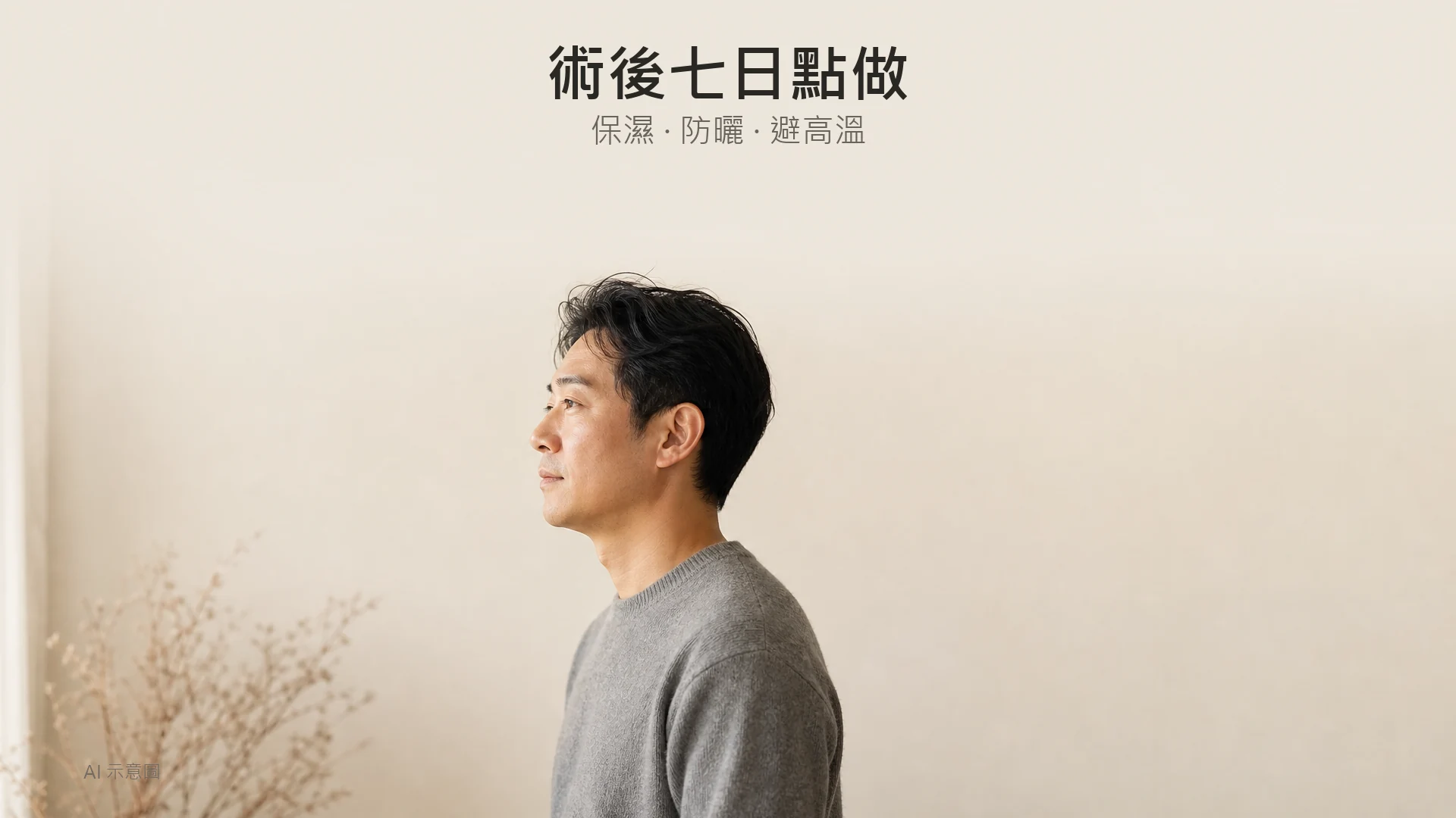 AI 示意圖:40 多歲東亞男性側面輪廓,身穿素色灰針織衫,米白背景,上方留白。