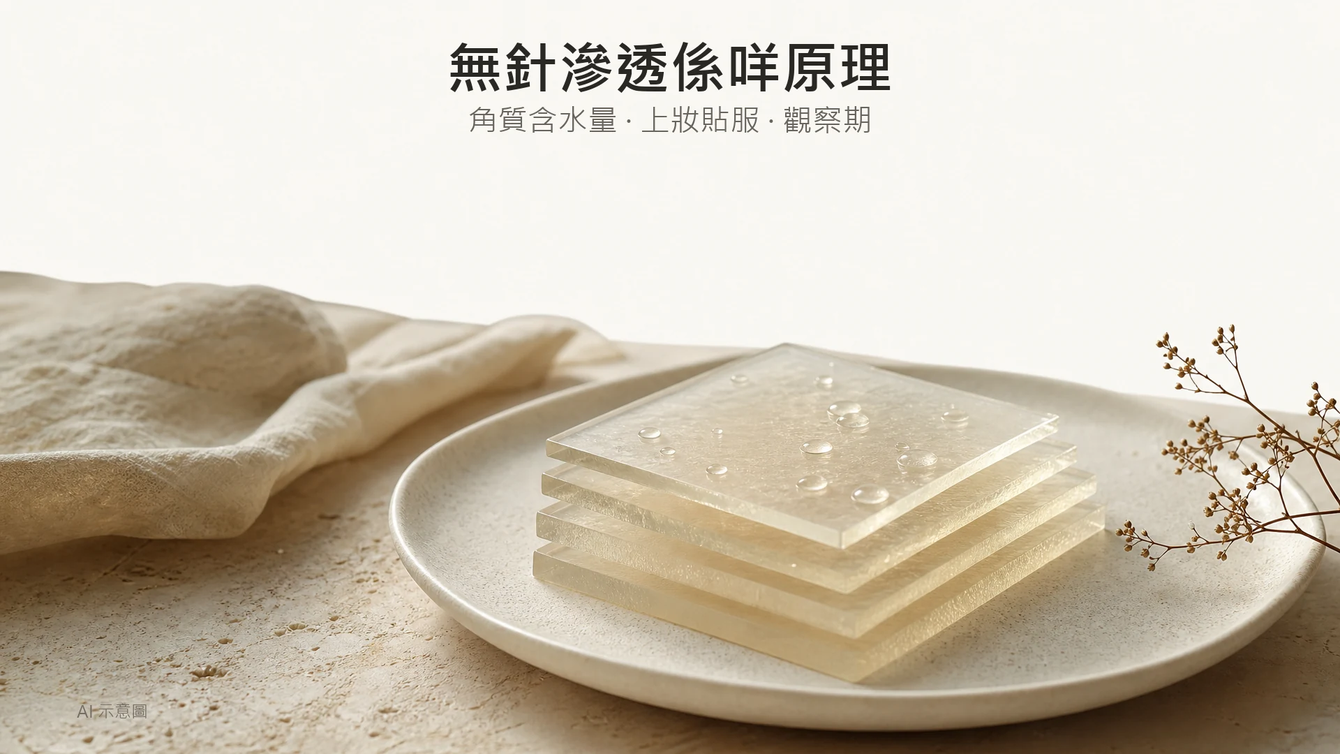 暖象牙色調嘅物料比喻照,AI 示意圖:幾片厚薄不同嘅半透明瓊脂薄片疊起,水珠只停留喺最上層,用嚟示意滲透深度,非真人皮膚,無前後對比。