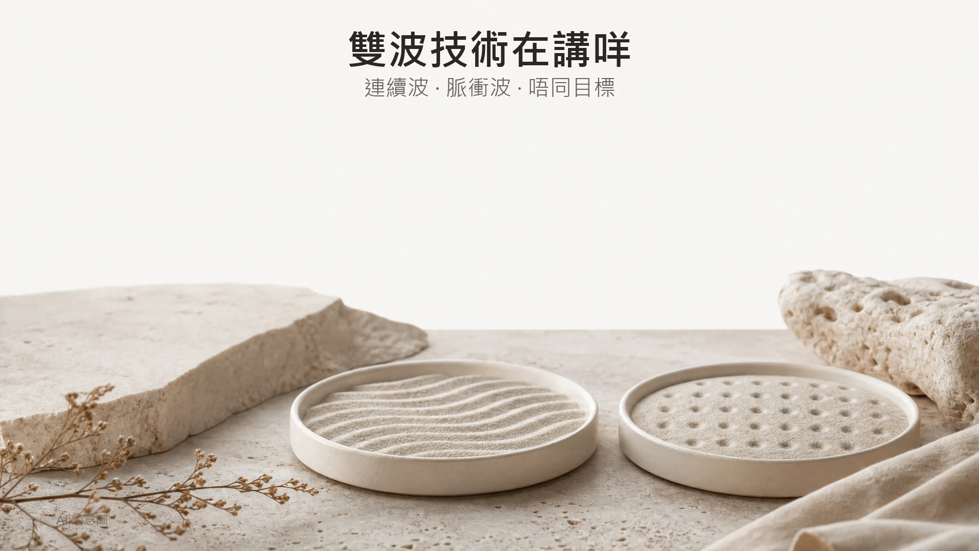 暖象牙色調的物料比喻照，AI 示意圖：兩個淺碟裝幼沙，一碟見連續波紋，另一碟見均勻排列嘅點狀壓痕，並排放喺石膏面，示意兩種能量模式，非儀器圖。