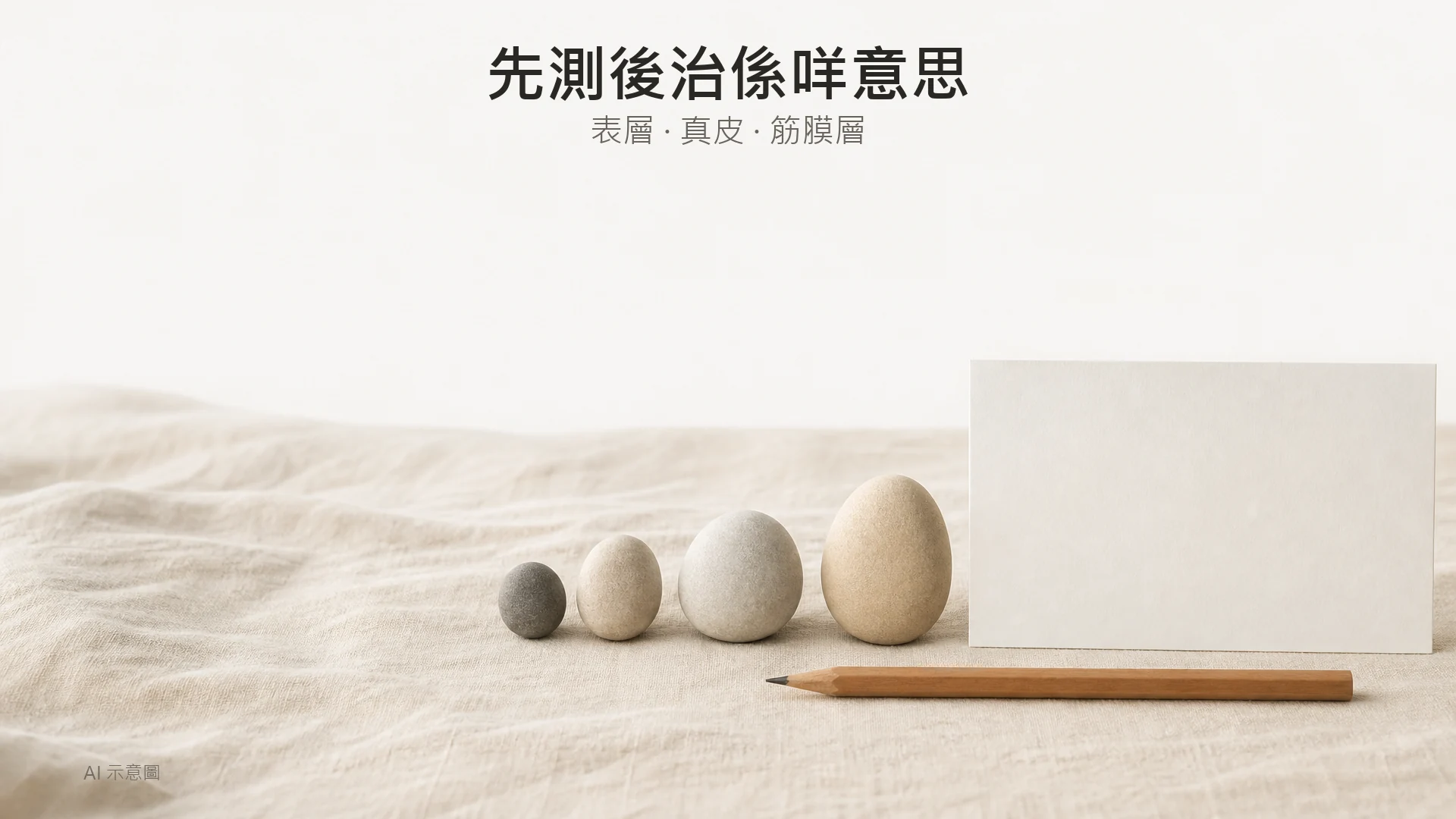 暖米色調嘅記錄概念照,AI 示意圖:四粒由細到大排列嘅小石放喺亞麻布上,旁邊一支鉛筆同一張空白卡,示意定期追蹤,非皮膚分析儀器實拍。