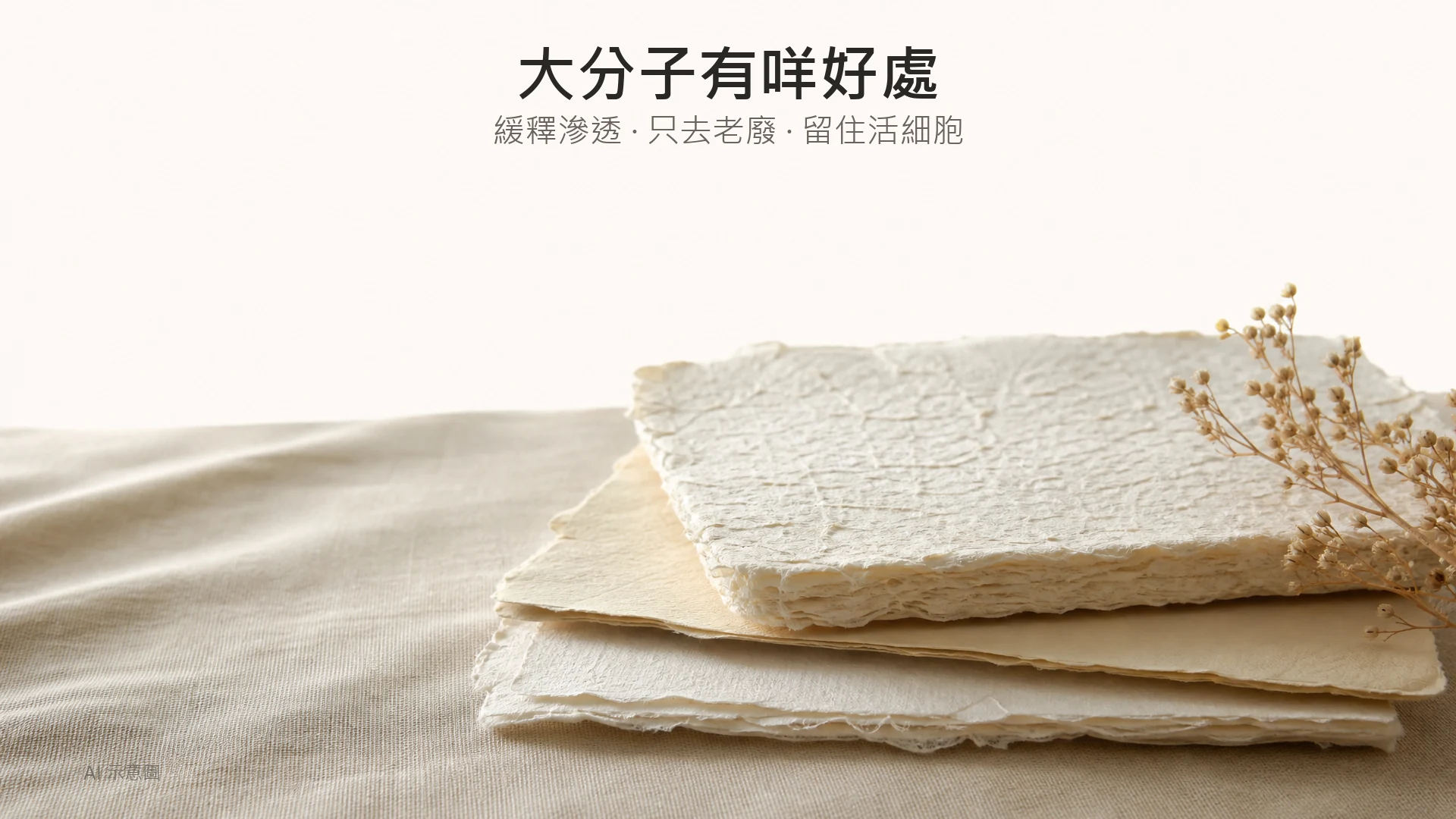暖米色調嘅紙張比喻照，AI 示意圖：三張厚薄不同嘅手造紙疊起，最厚一張放最上層，放喺象牙色亞麻布上，示意滲透速度同釋放節奏，非人臉實拍。