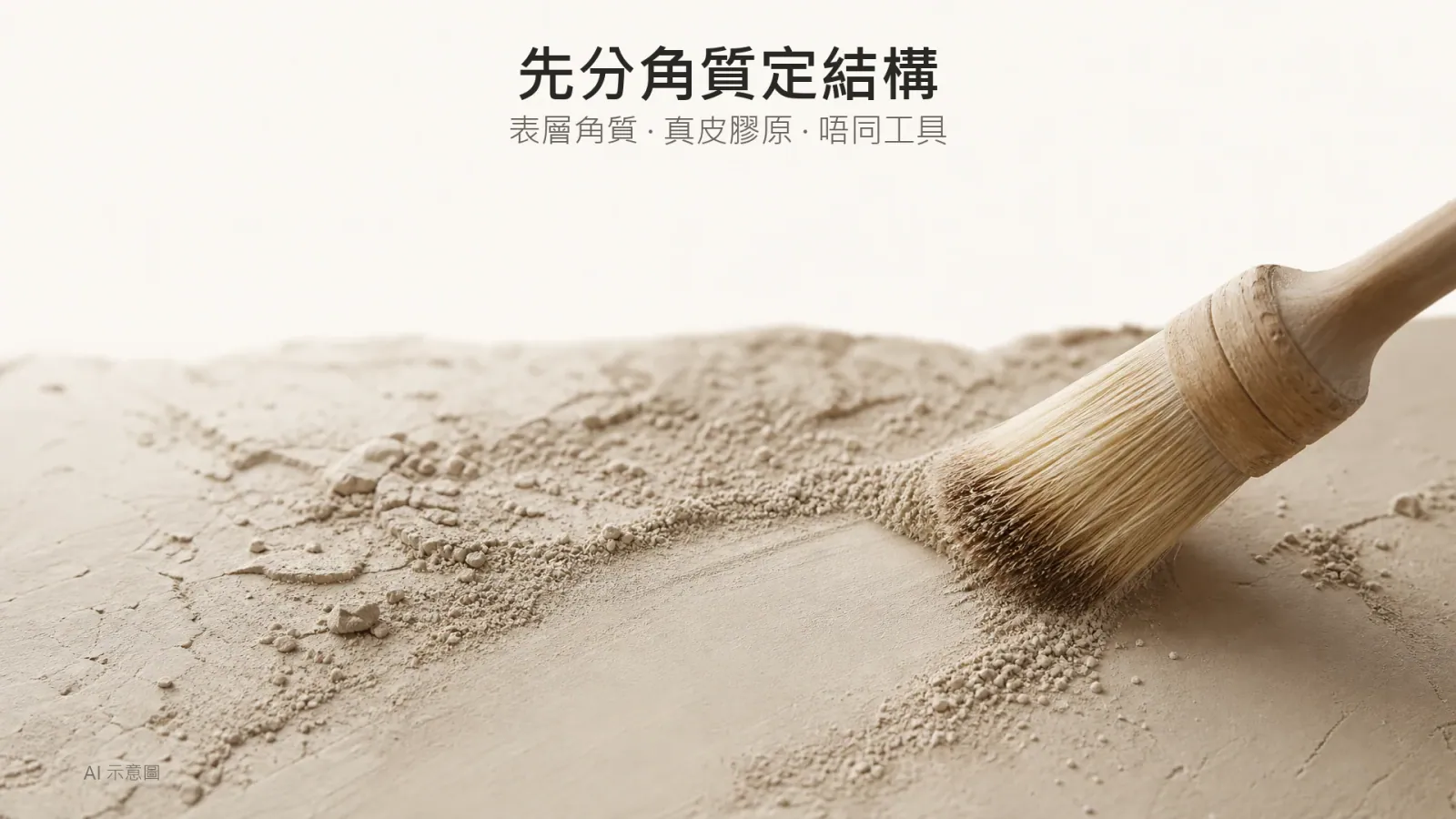 海藻矽針係咩?同 XE LHA Peel 分別、痛感、海藻矽針副作用、恢復期同價錢(治療師拆解) - Peko Beauty 肌源解碼美學|Sylfirm X.BTL Exion.HIFU 專家|旺角朗豪坊 暖象牙色調嘅物料比喻照,AI 示意圖:一塊平滑米色陶土表面,外層一薄層灰白粉塵被乾毛刷輕輕掃走,露出底下更平滑嘅陶土,左半留白,非人臉或皮膚前後對比。
