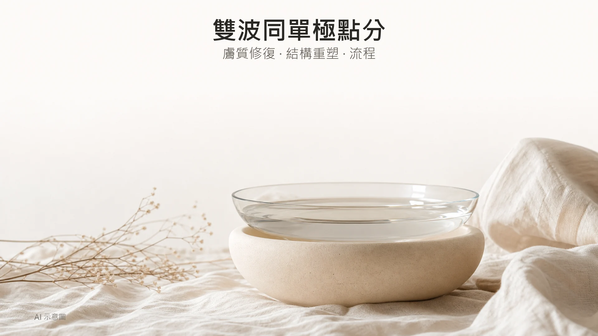 暖米色調的層次比喻照，AI 示意圖：一個淺身透明玻璃碟裝水，放喺一個更深嘅啞面石碗上面，示意作用深淺差別，放喺象牙色亞麻布上，非儀器實物。
