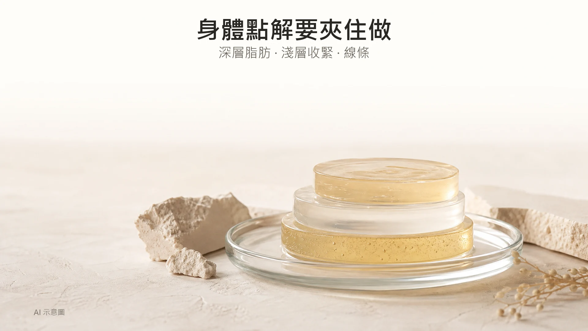 暖象牙色調嘅層次比喻照,AI 示意圖:一個淺身透明玻璃盤內疊住三層厚薄唔同嘅半透明凝膠,放喺石膏面上,示意作用深度,非人體實拍,無前後對比。