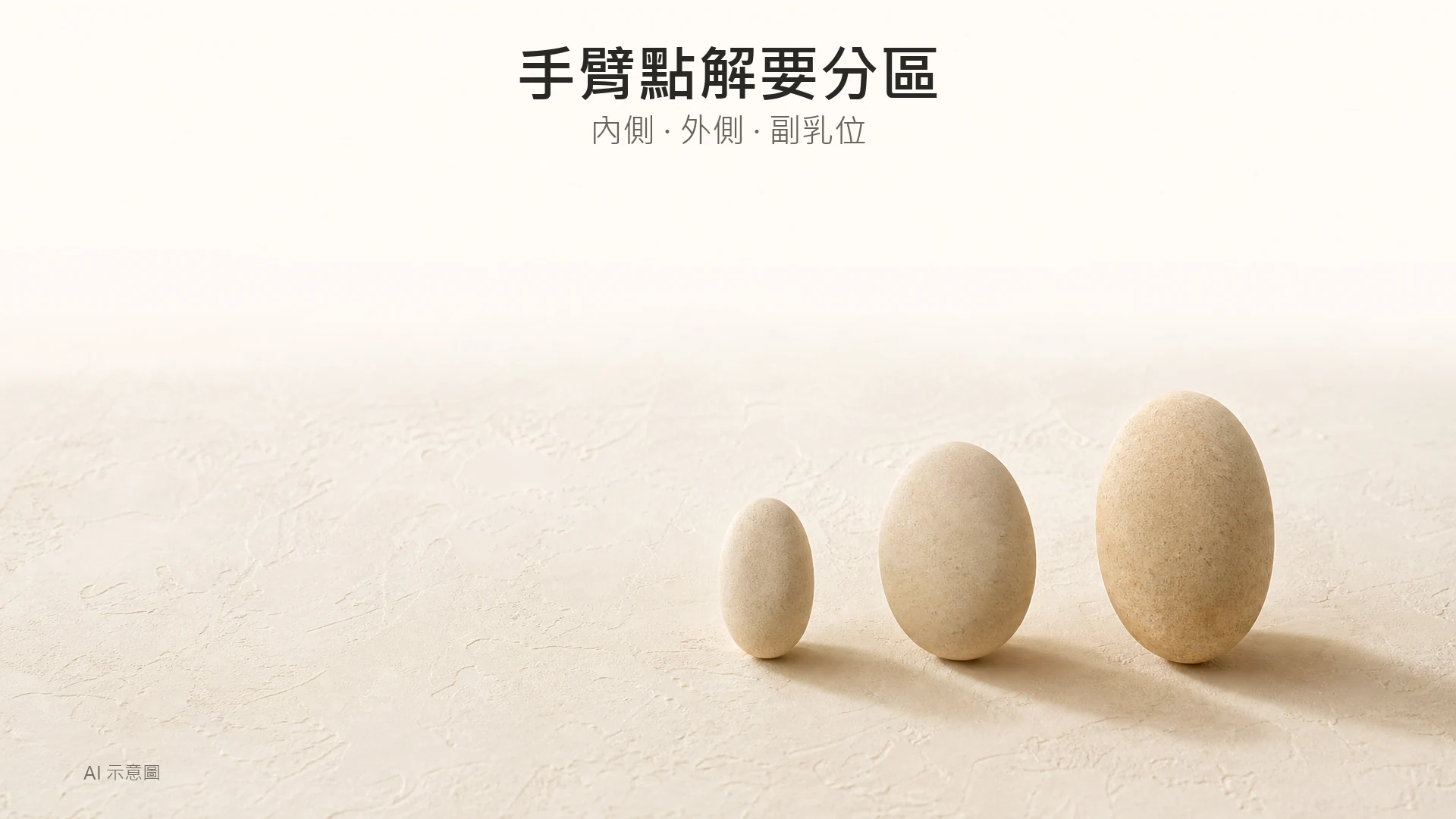 暖象牙色調嘅形狀比喻照，AI 示意圖：三個闊度唔同嘅平滑米色石卵排成一列放喺石膏面上，投下柔和陰影，示意分區處理，非人體實拍，無量度數字。
