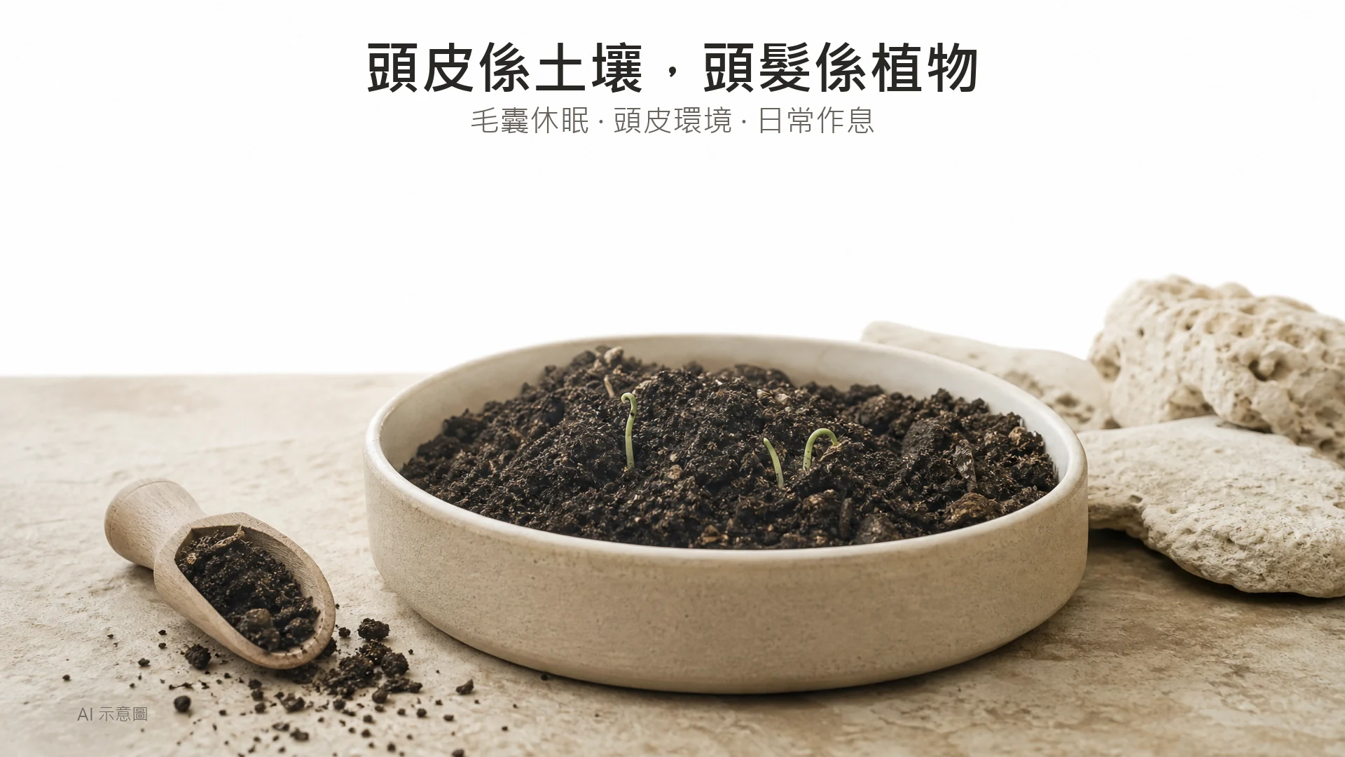 AI 示意圖：暖象牙色靜物，淺陶碟盛深色泥土配兩三株幼嫩綠芽，寓意頭皮如土壤，畫面上方四分之一留白。