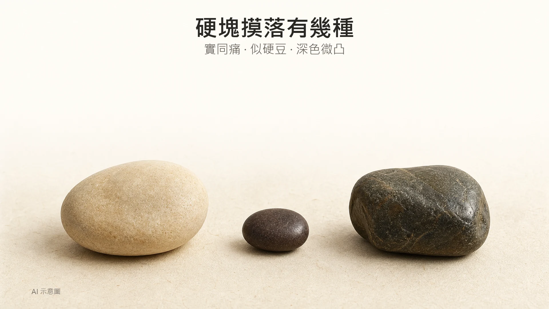 AI 示意圖:暖象牙色紙上三塊質感不同嘅石頭並排,分別圓滑、細密如豆、深色微亮,畫面上方四分之一留白。