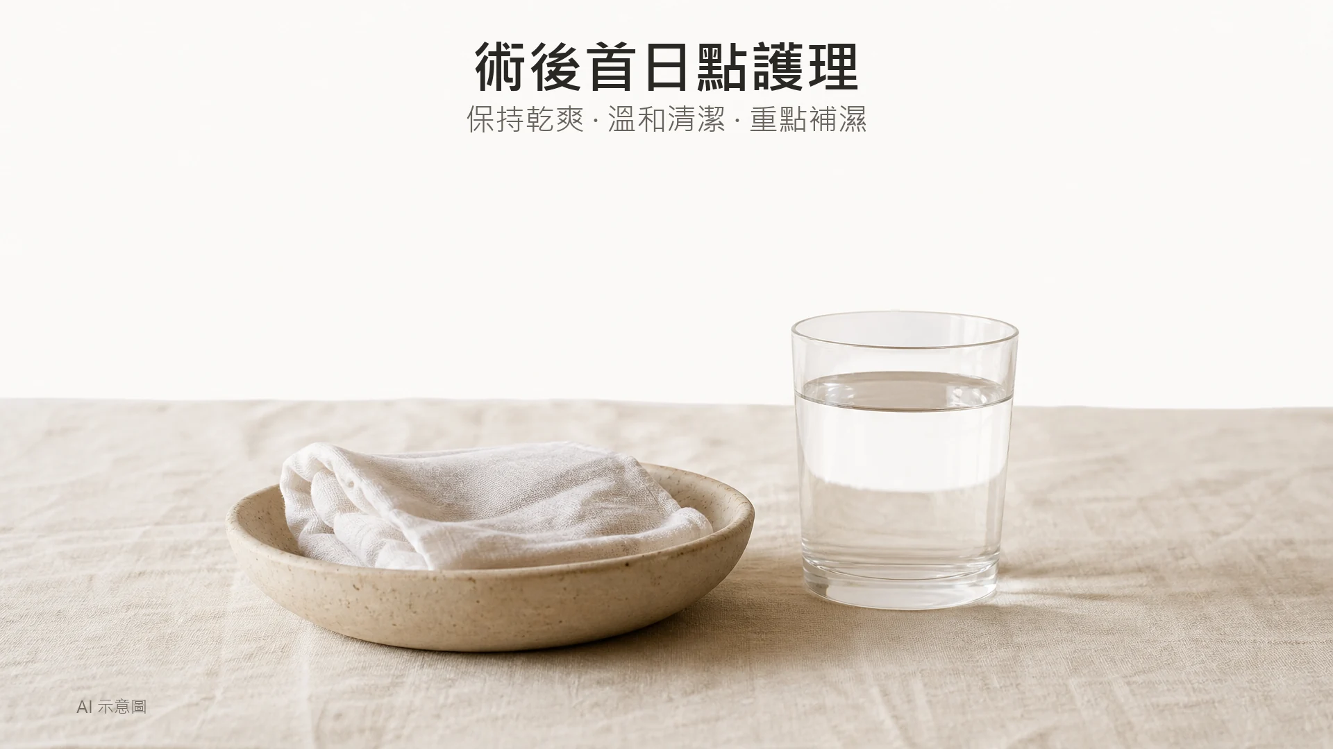 AI 示意圖:暖象牙麻布上淺陶碟內放一塊微涼濕棉布,旁為一杯清水,畫面中下方,上方四分之一留白。