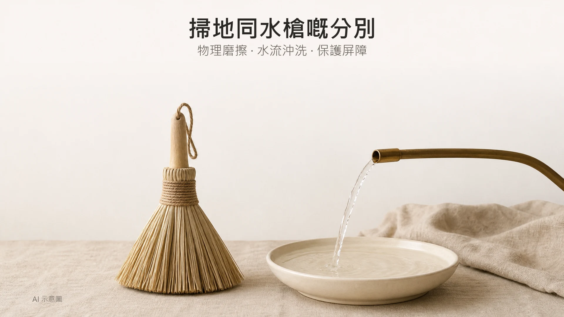 AI 示意圖：暖象牙麻布上並放一把小型天然手掃與一支黃銅細噴嘴噴出嘅一線清水注入淺碟，畫面中下方，上方四分之一留白。