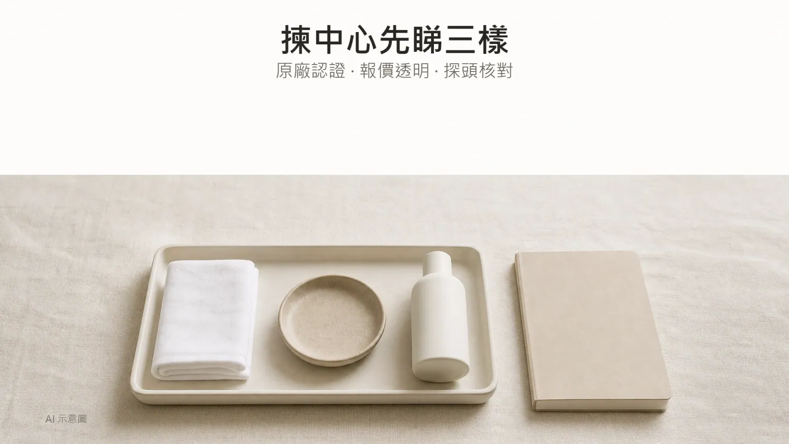 AI 示意圖:暖象牙麻布上淺色托盤內整齊排列摺好的棉布、小陶碟與一支無標籤霧面小瓶,旁放一本無封面文字筆記本,畫面中下方,上方四分之一留白。
