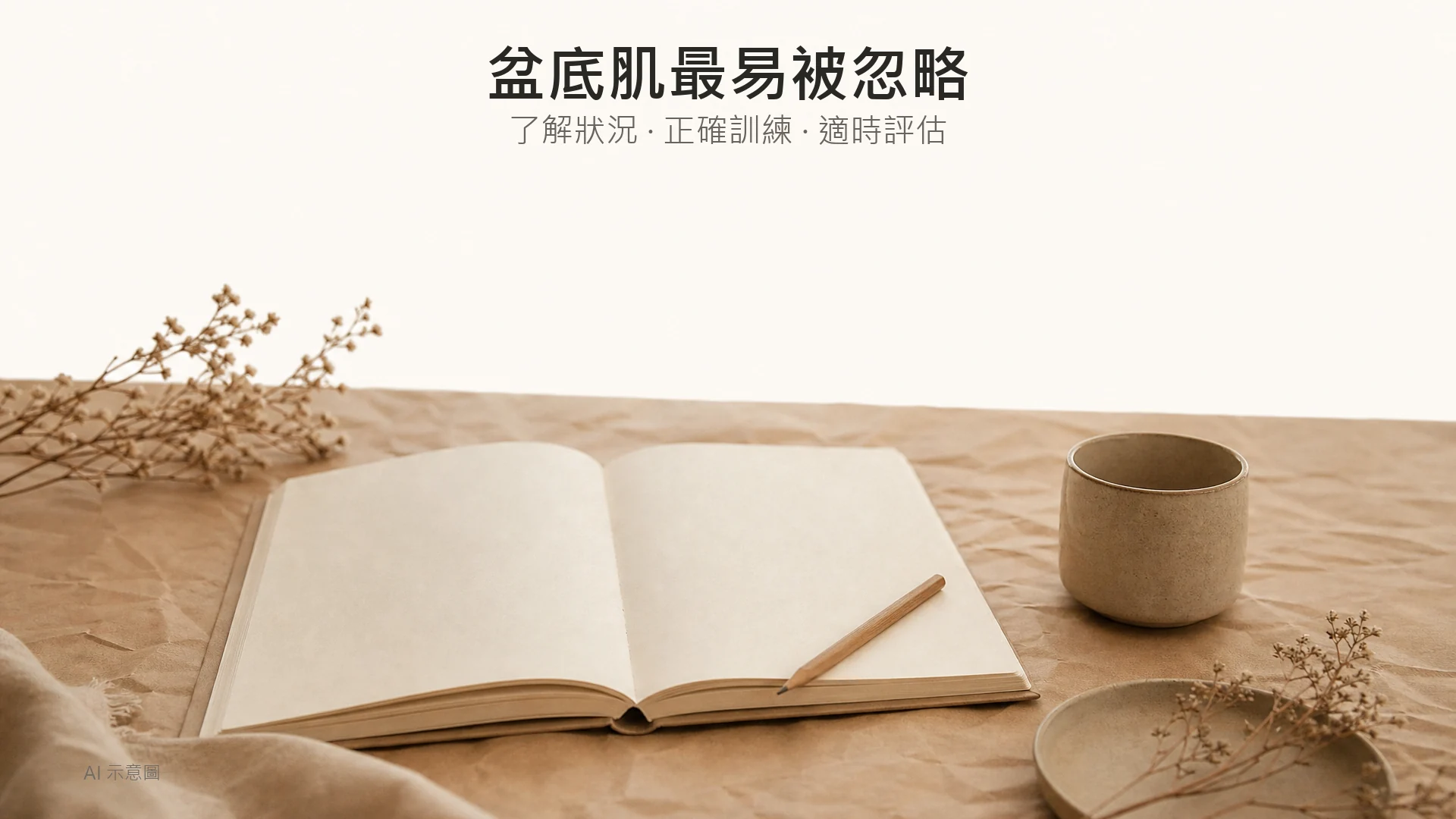 AI 示意圖:暖米色枱上一本空白筆記本與一支鉛筆,旁邊放素色小杯,上方留白。