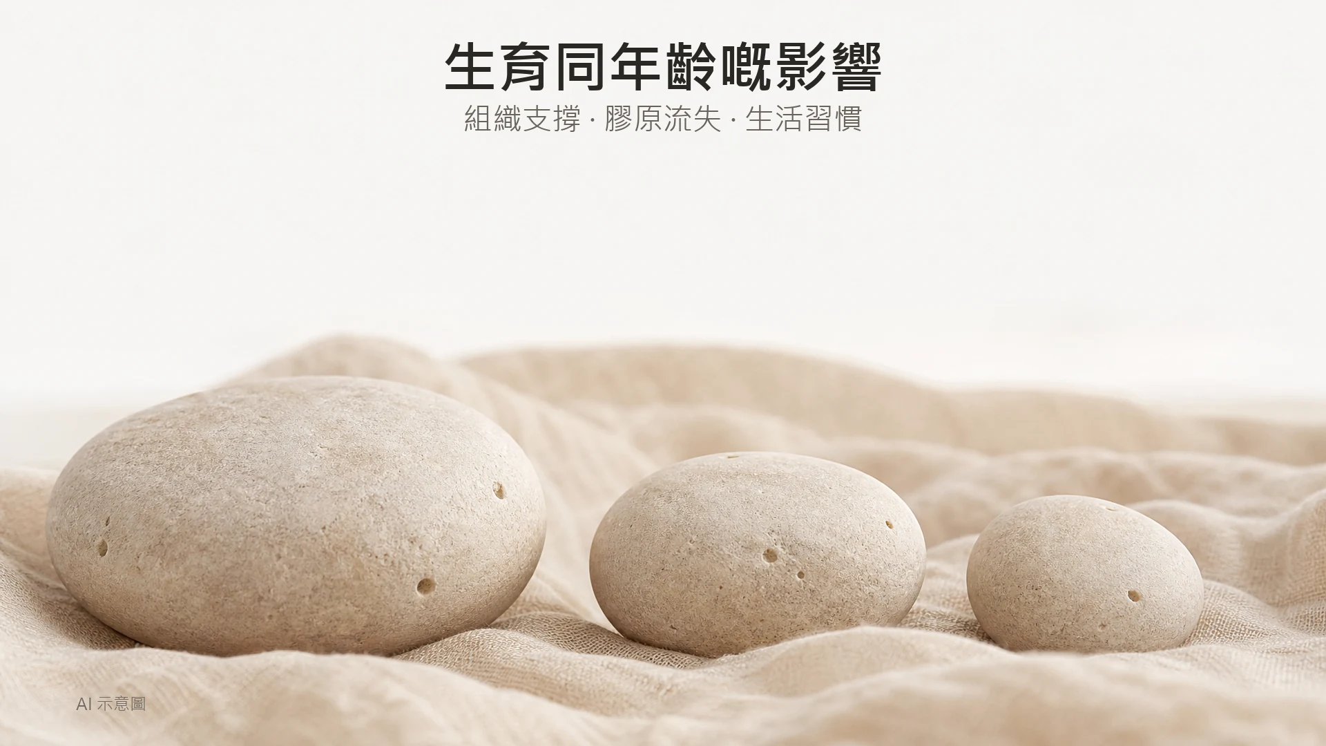 AI 示意圖：暖米色枱上三顆由大至小嘅平滑石頭排列，上方留白。