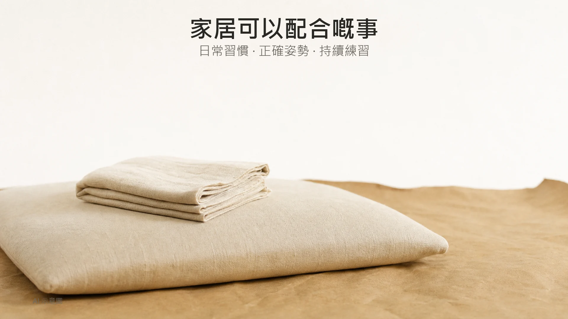 AI 示意圖:暖米色枱上一塊素色軟墊與摺疊棉布,上方留白。