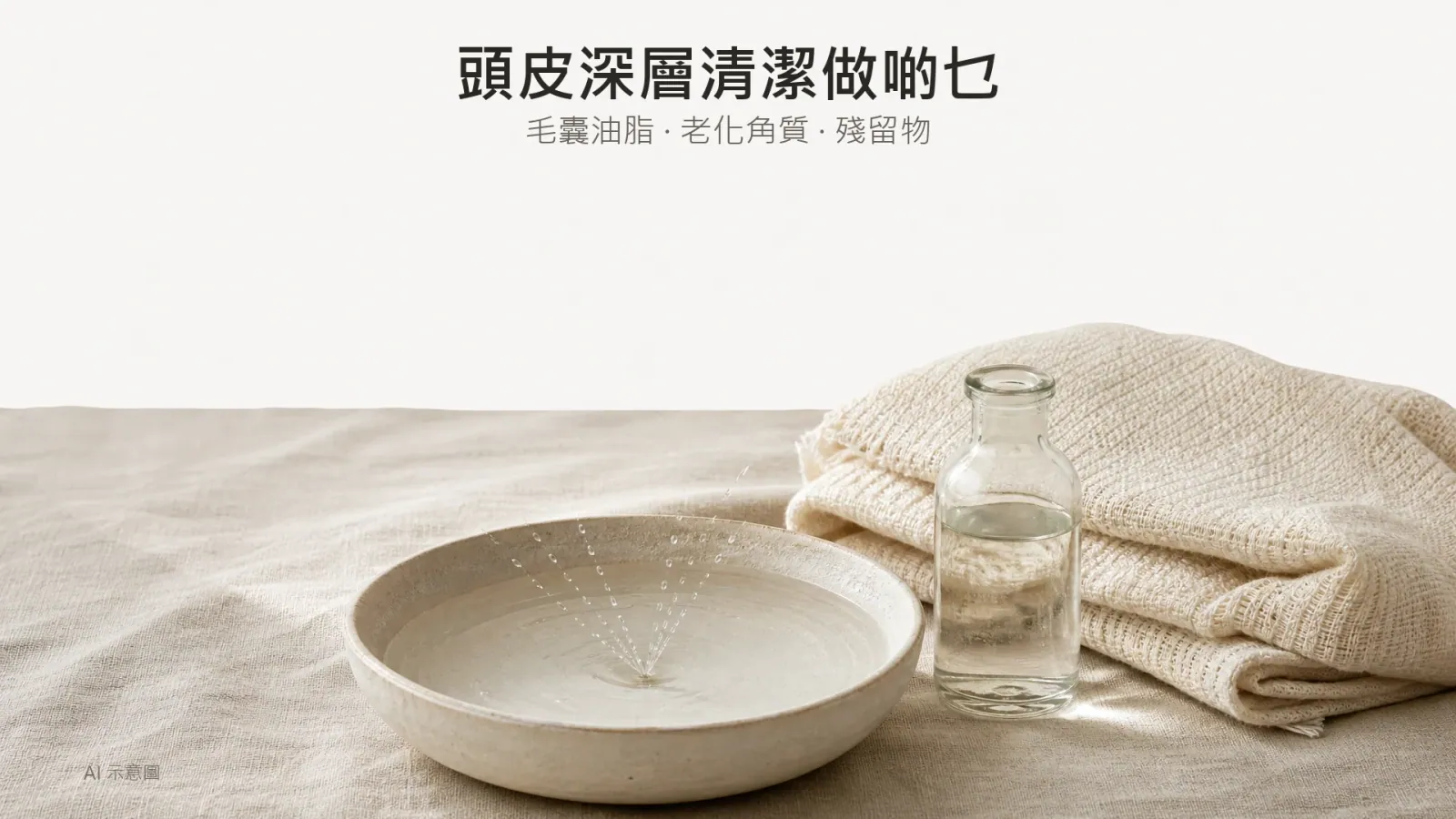 暖米色布面靜物照,淺陶碟內清水匯成細小水束,旁邊有折好的棉毛巾及無標籤玻璃瓶;AI 示意圖。