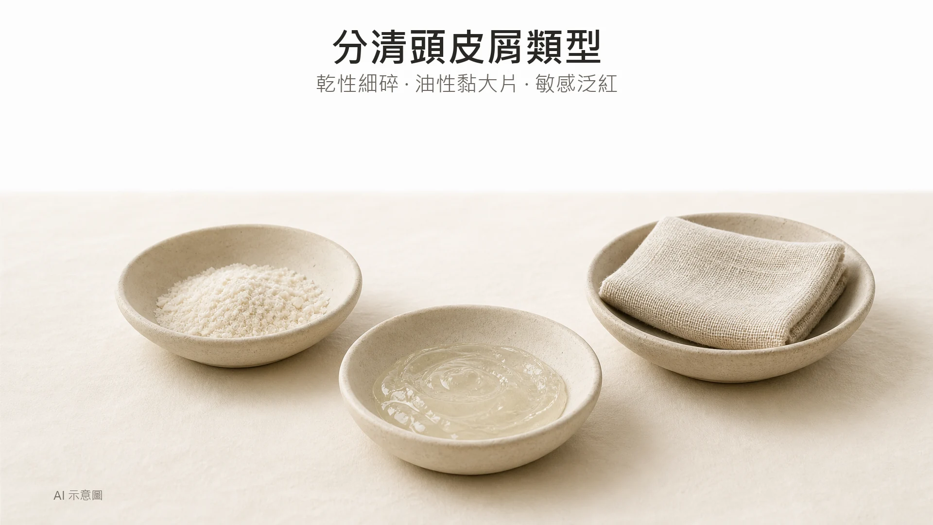 暖米色靜物照,三個淺陶碗分別盛細白粉末、透明凝膠及折疊亞麻布,旁邊無字卡;AI 示意圖。