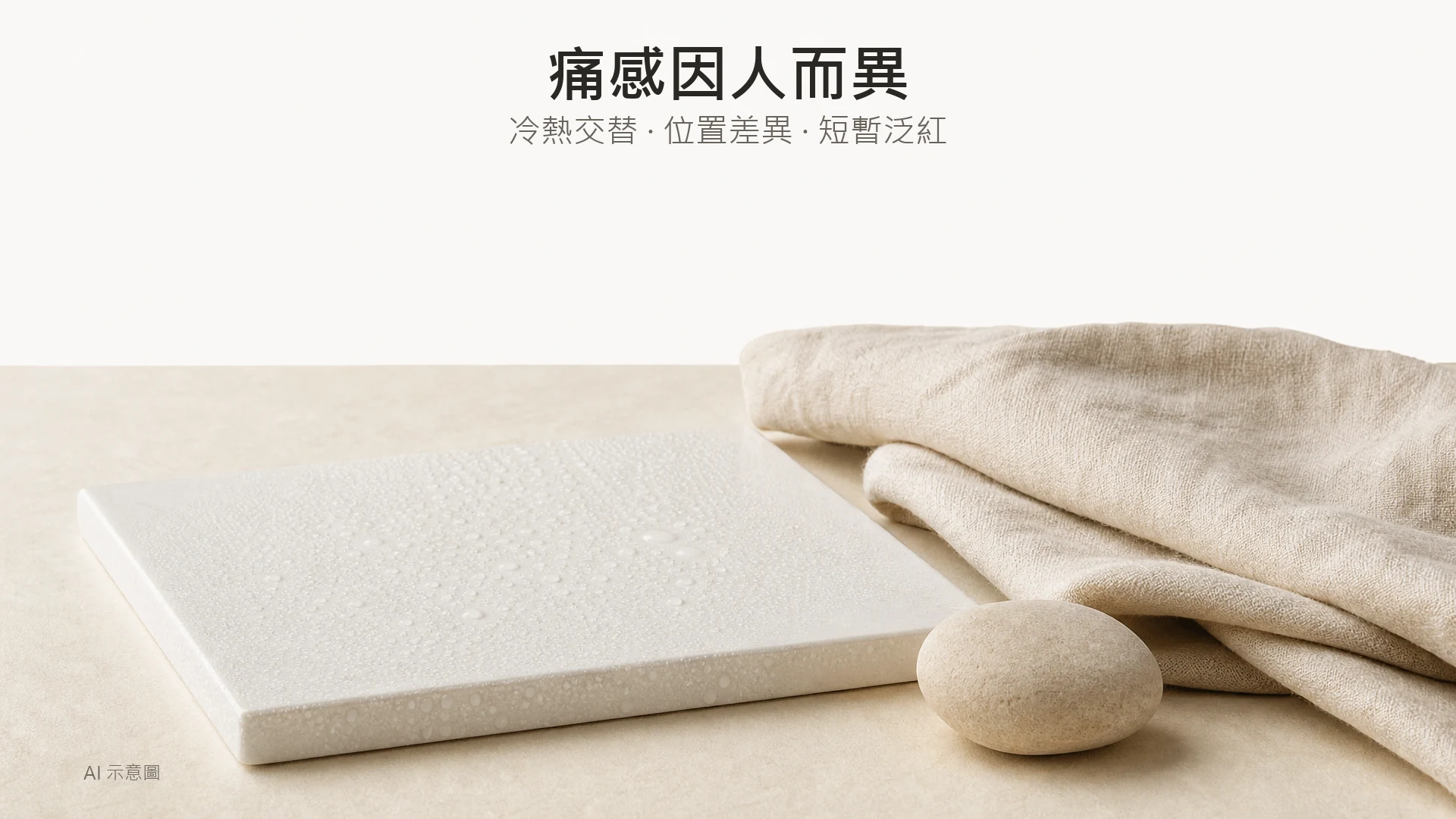 暖米色靜物照，啞白陶瓷面凝結細微水珠，旁放折疊米色亞麻布；AI 示意圖。