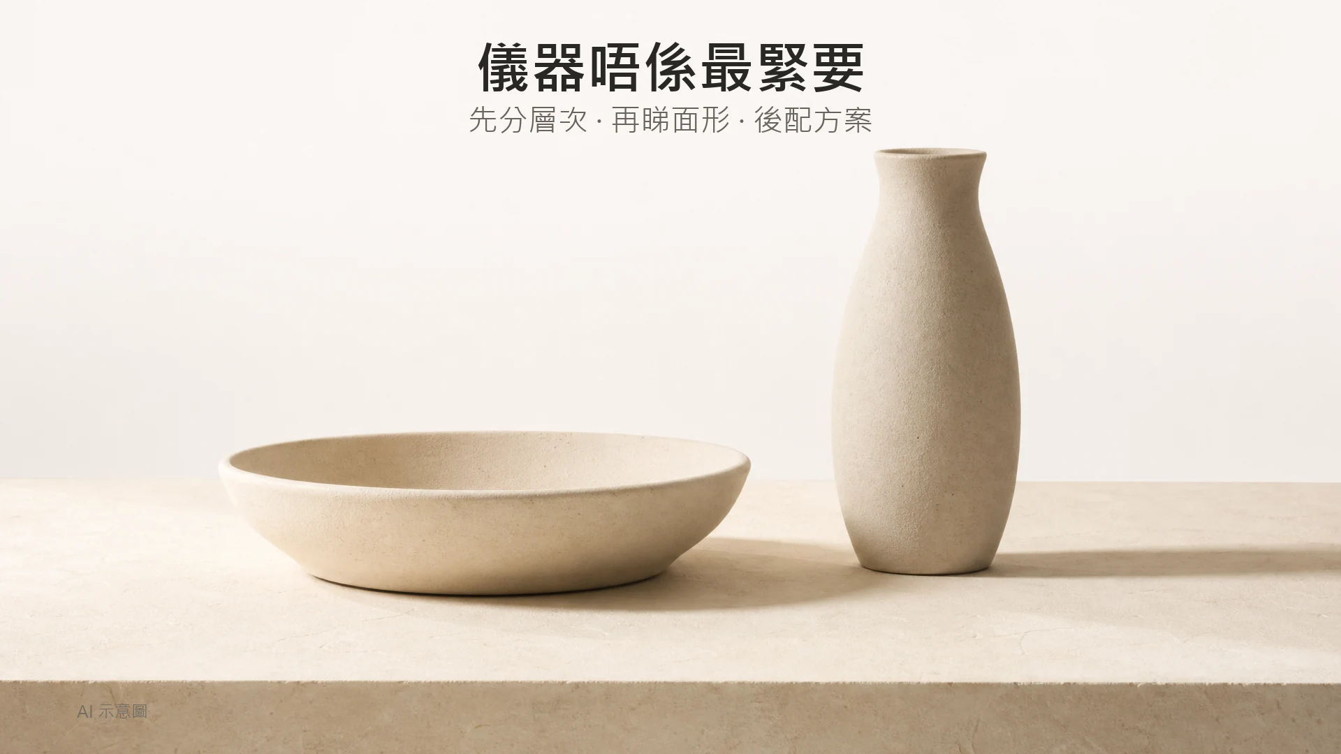 暖米色靜物照,兩件大小深淺不同嘅素色陶器並排於象牙色台座;AI 示意圖。