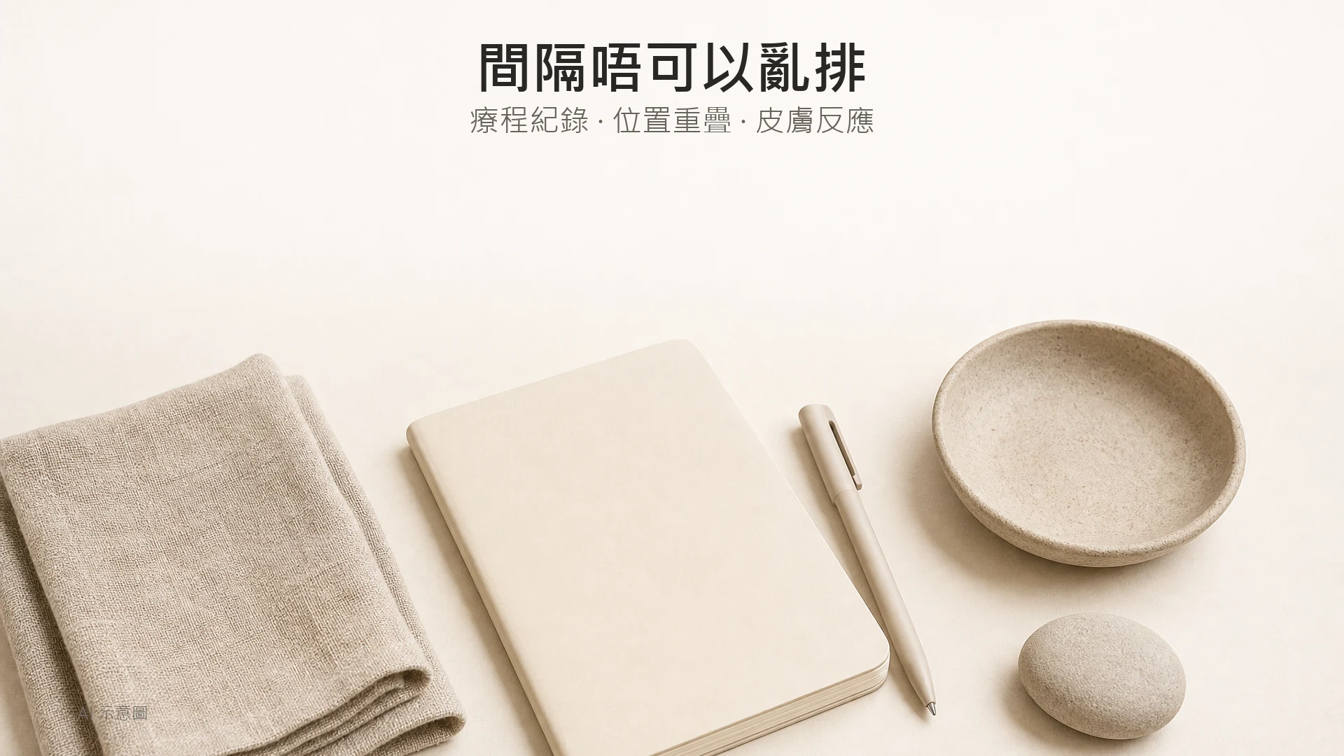 暖米色檯面平放照,空白無線筆記本、素色筆、折疊亞麻布及淺陶碟;AI 示意圖。