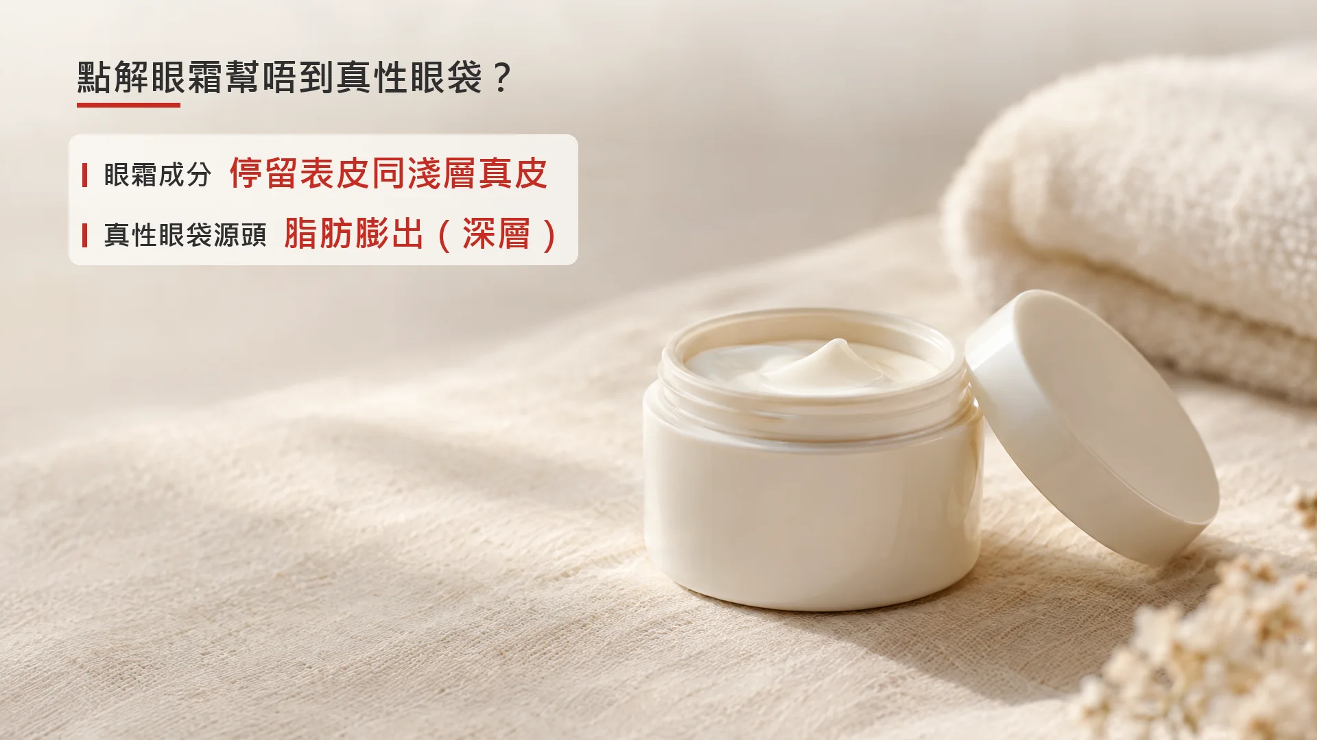 示意圖:眼霜成分停留表皮與淺層真皮,真性眼袋源頭為深層脂肪膨出,並非真實儀器或人體影像。