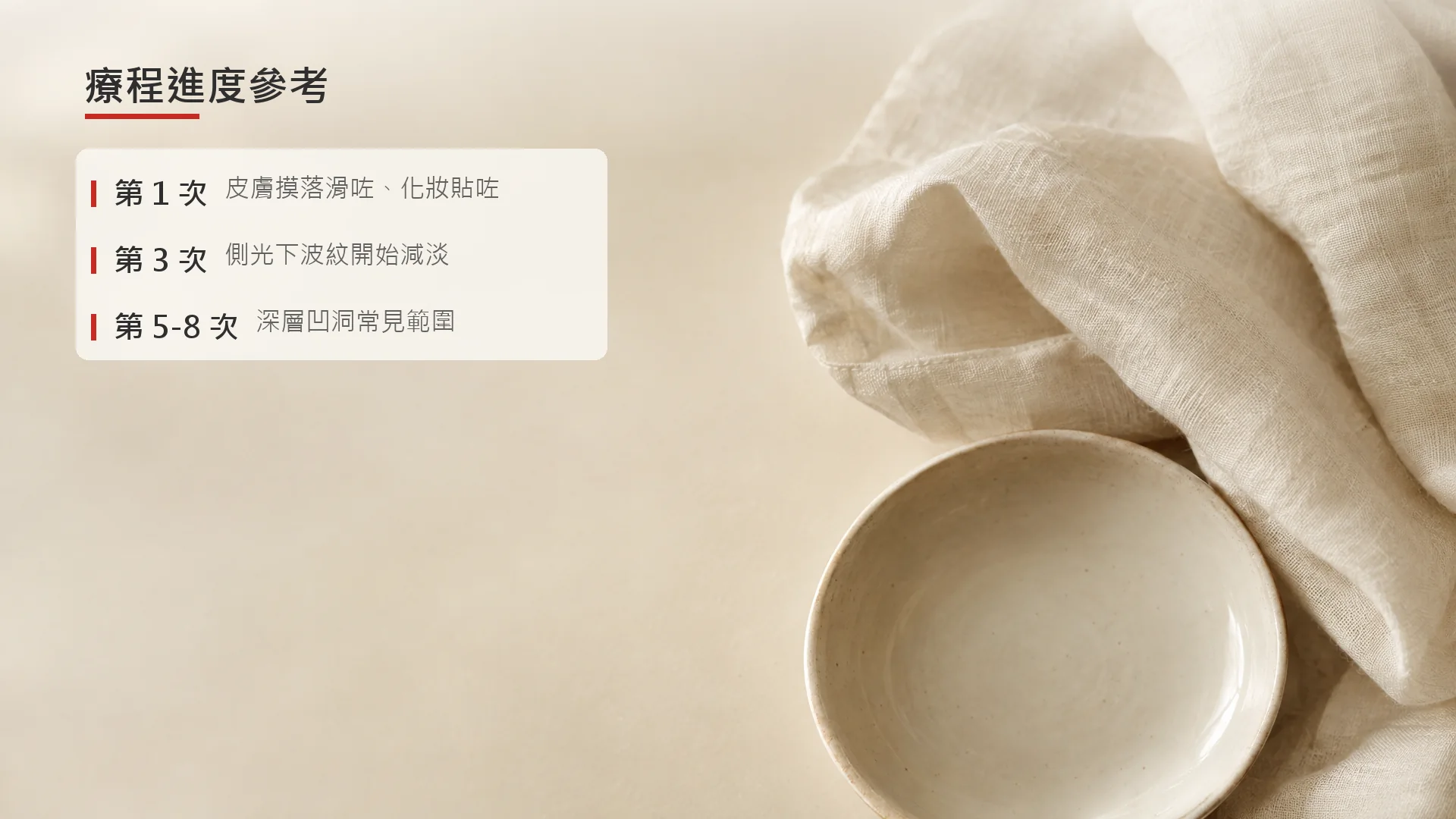 示意圖：凹凸洞療程第一、三及第五至八次的進度參考時間線，並非真實療程紀錄，實際因人而異。