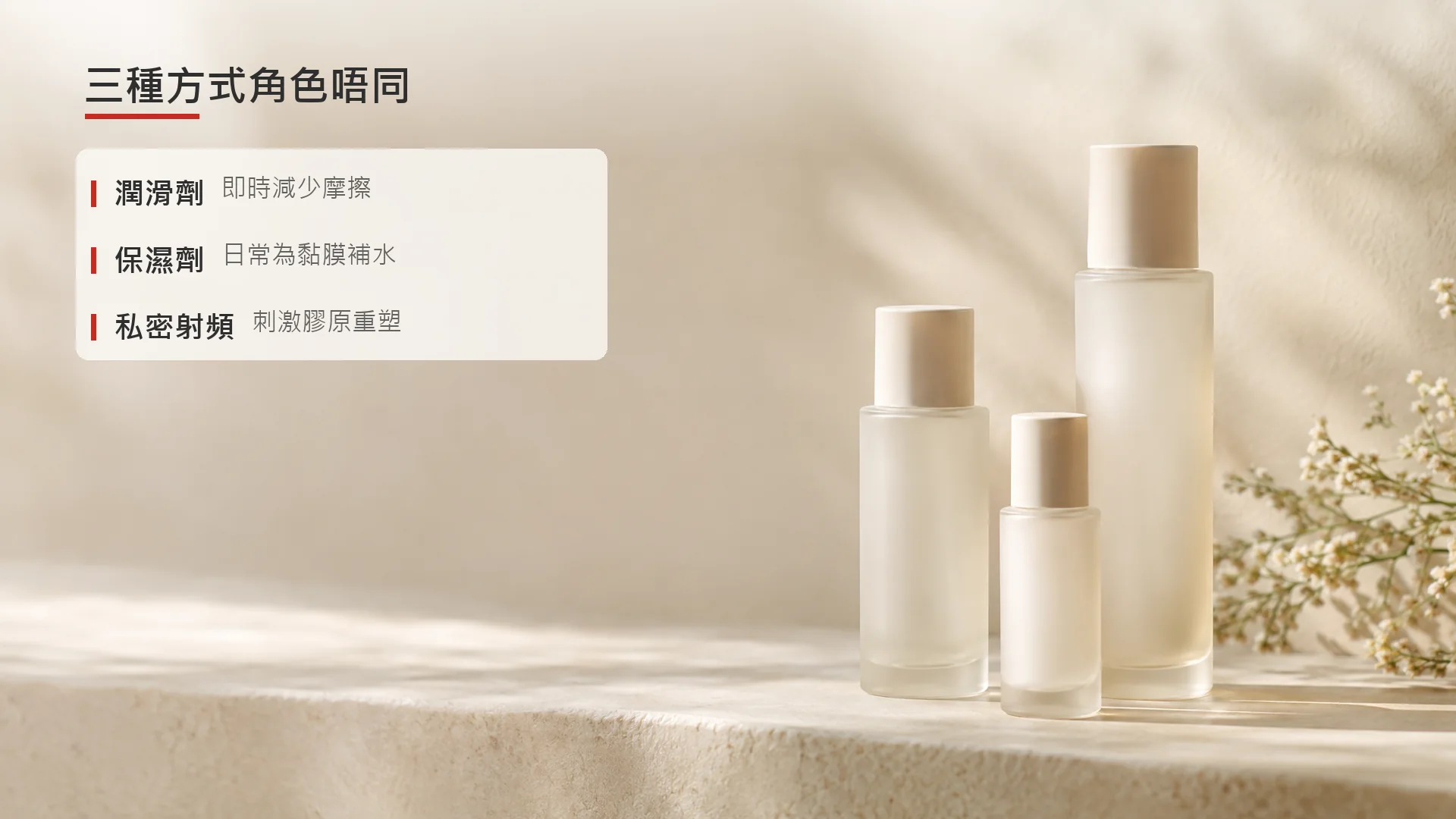 示意圖:潤滑劑、保濕劑與私密射頻三種方式的作用角色比較,並非儀器或人體影像。