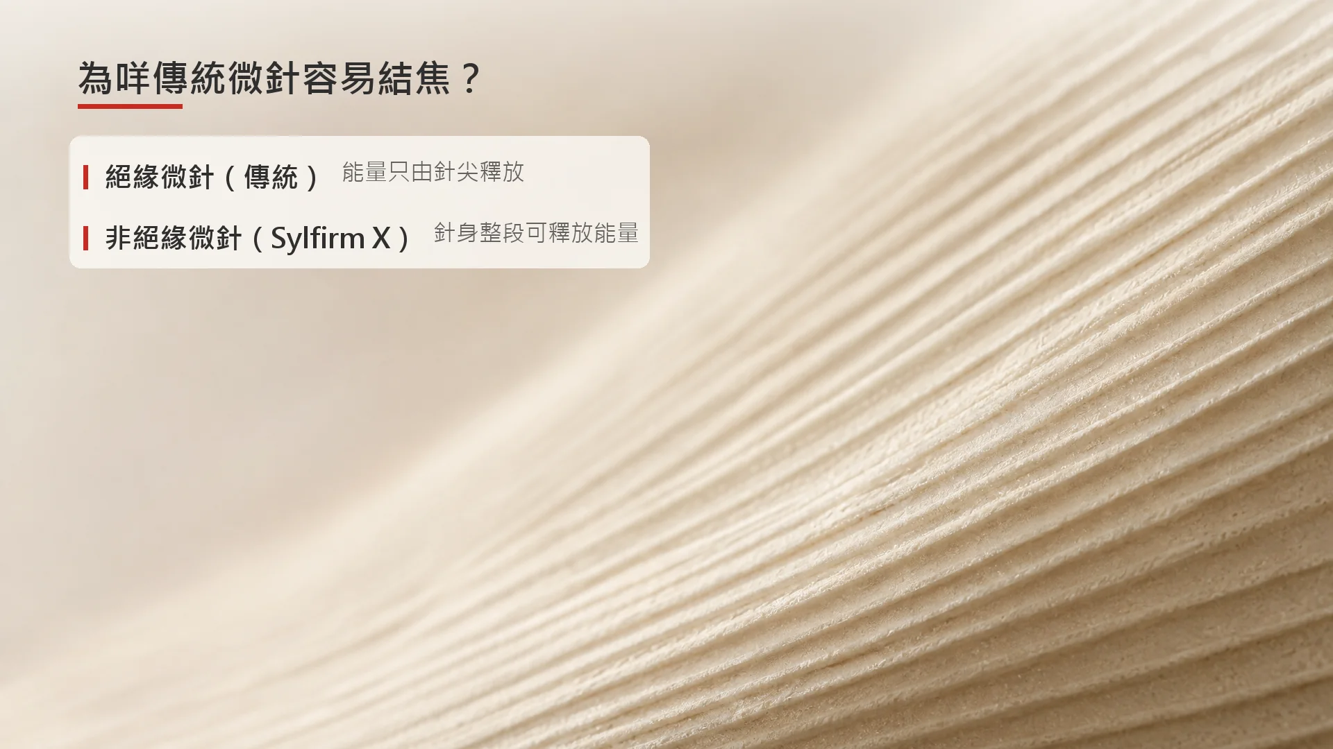 示意圖：絕緣微針與非絕緣微針（Sylfirm X）的電極設計分別，比較能量由針尖或針身釋放，並非真實儀器影像。