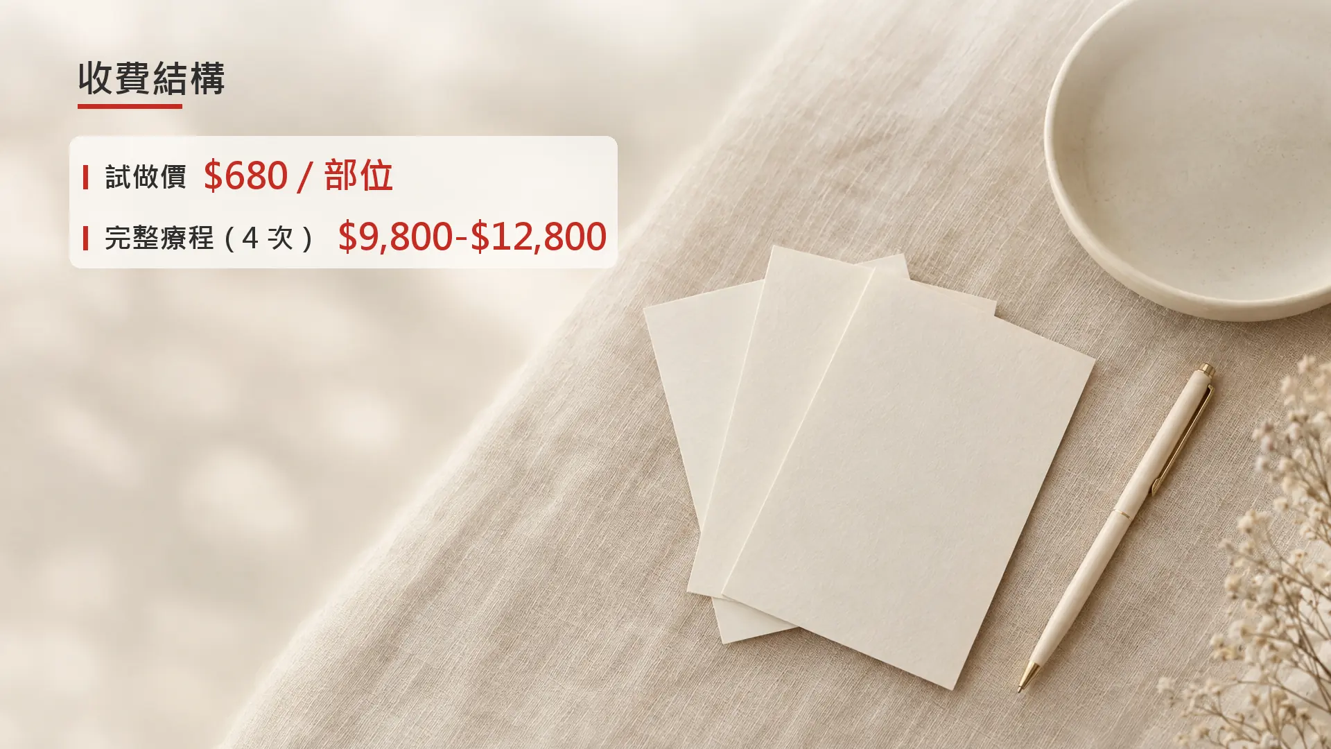 示意圖：隔空溶脂試做價與完整療程收費結構，實際收費以中心報價為準。