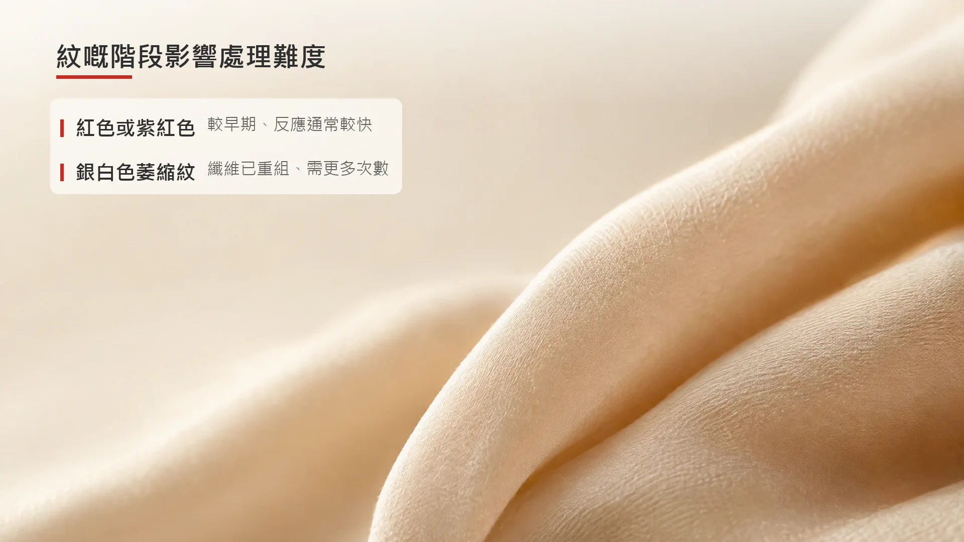 示意圖:妊娠紋由紅色階段到銀白色萎縮紋的階段概念圖,並非真實皮膚照片。